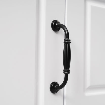 Bathroom vanity door handle black curved metal on white cabinet on Tampa Home & Garden Store