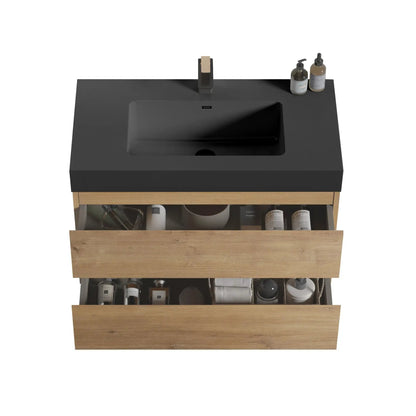 Alice natural oak floating vanity with black countertop and one-piece sink, large storage on Tampa Home & Garden Store