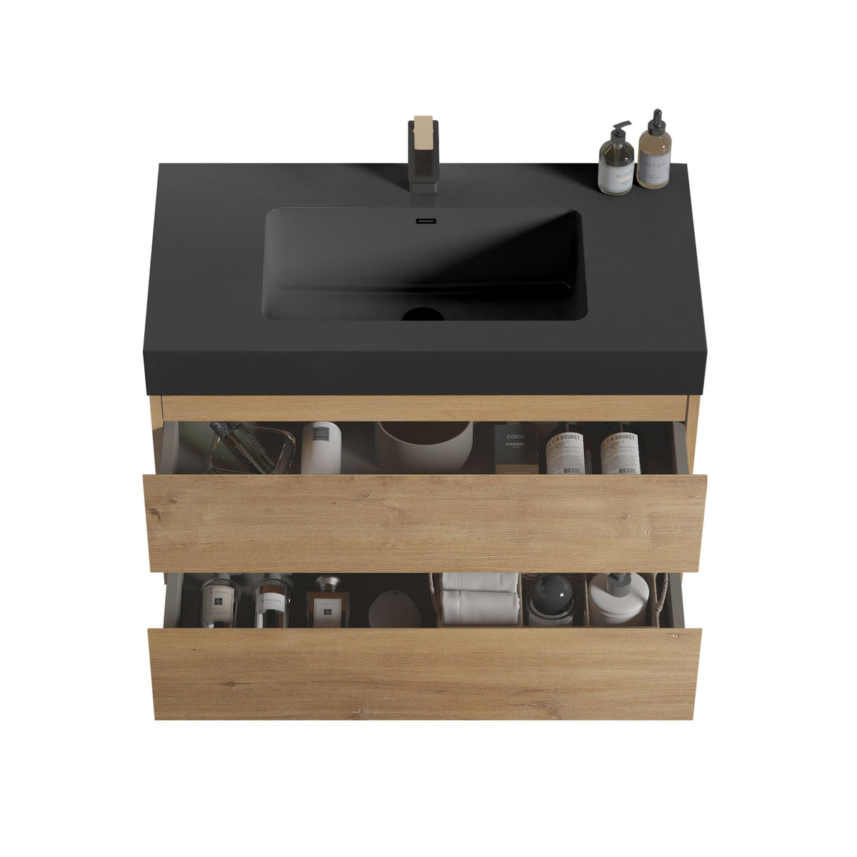 Natural Oak Bathroom Vanity with Floating Quartz Sink and black countertop on Tampa Home & Garden Store