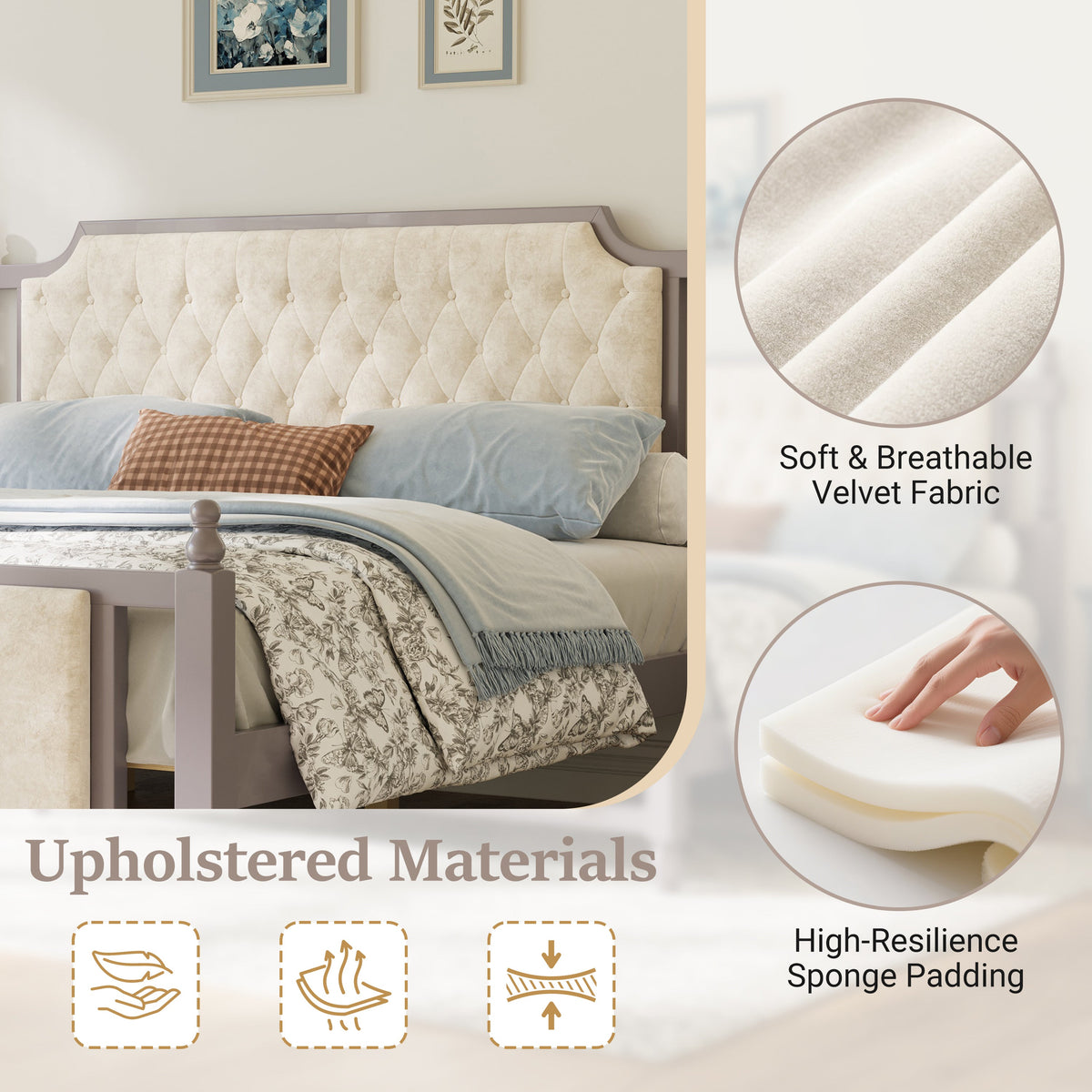King size upholstered platform bed with button tufted beige headboard velvet by HouseOfZazla on Tampa Home & Garden Store