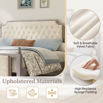 King size upholstered platform bed with button tufted beige headboard velvet by HouseOfZazla on Tampa Home & Garden Store