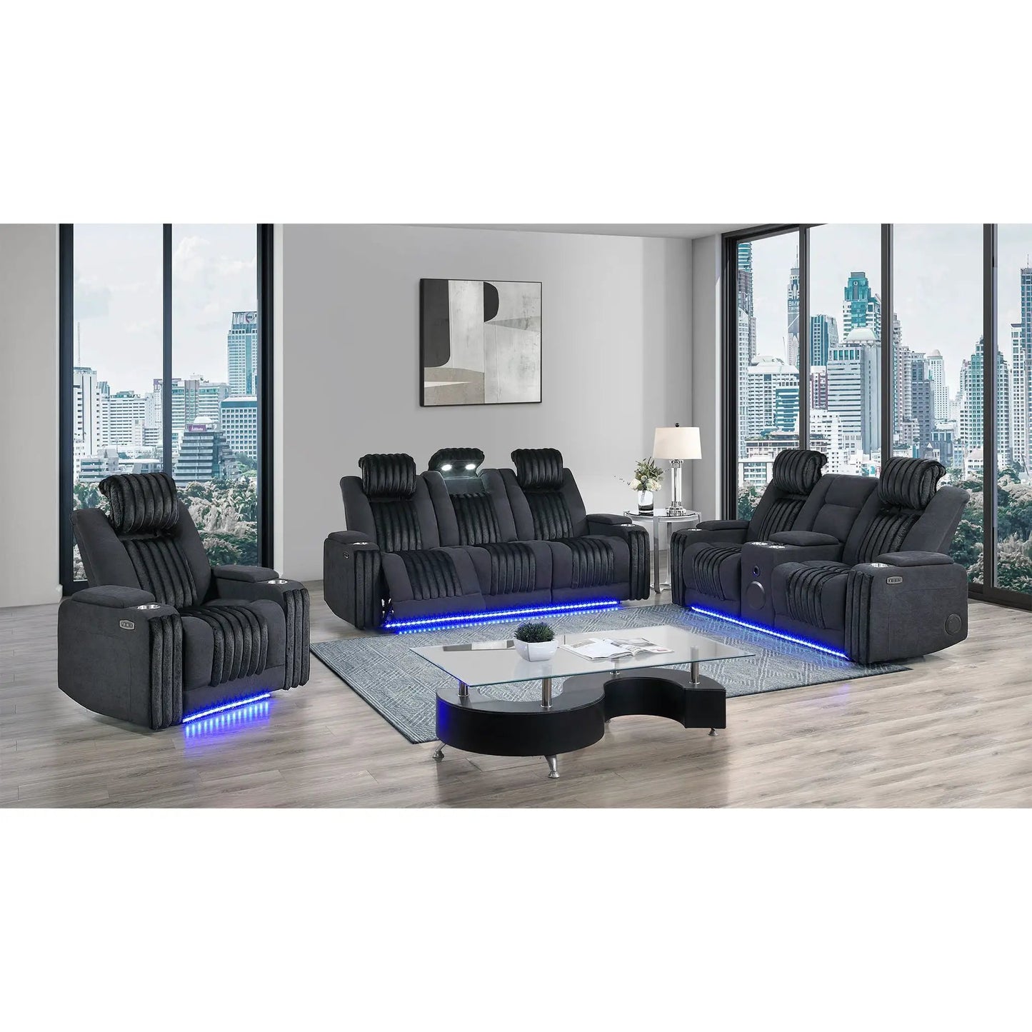 Duran Power Recliner With Power Headrest; set of black plush recliners with blue LED base on Tampa Home & Garden Store