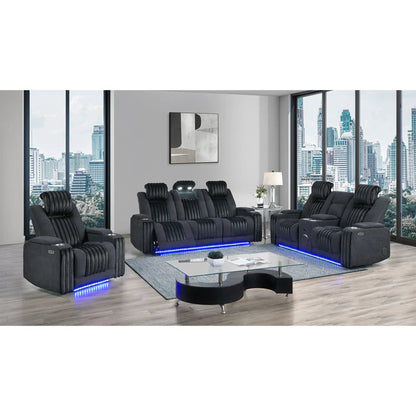 Duran Power Recliner With Power Headrest; set of black plush recliners with blue LED base on Tampa Home & Garden Store