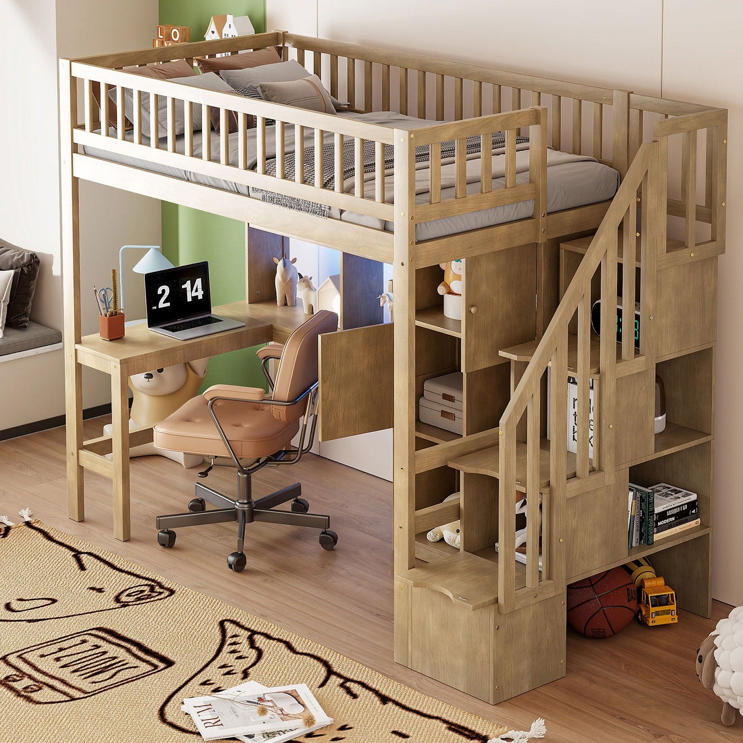 Loft bed with built-in desk, LED lighting, and stairs in natural wood HouseOfZazla on Tampa Home & Garden Store