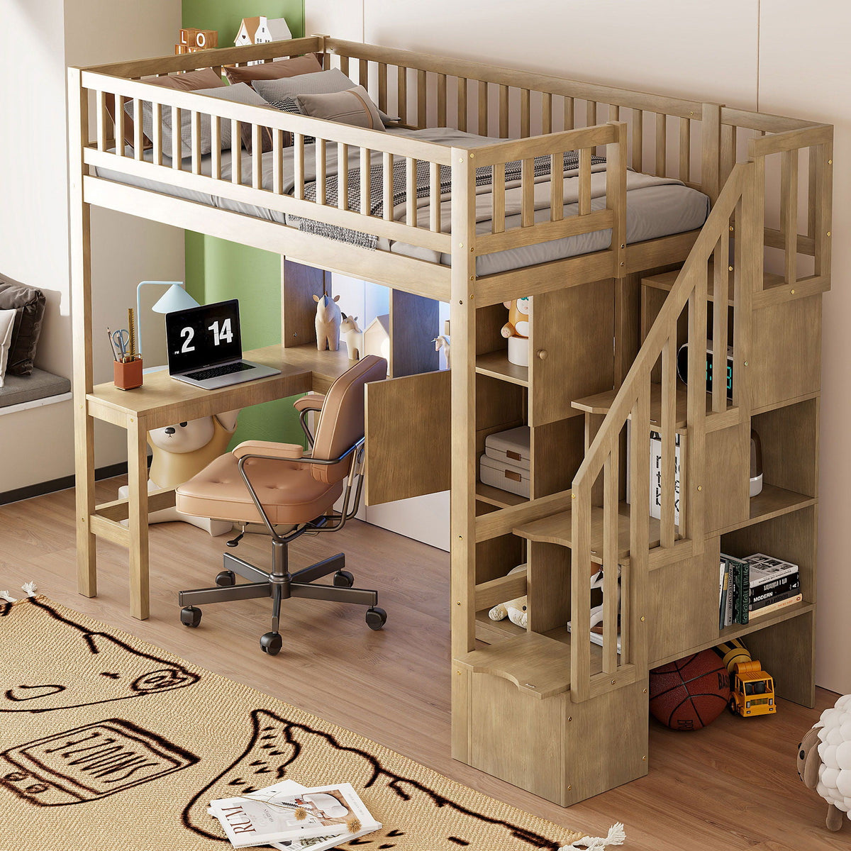 Loft bed with built-in desk, LED lighting, and stairs in natural wood HouseOfZazla on Tampa Home & Garden Store