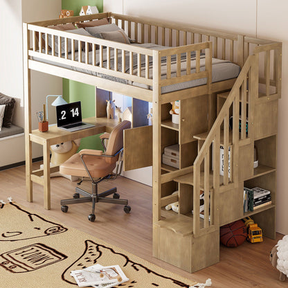 Loft bed with built-in desk, LED lighting, and stairs in natural wood HouseOfZazla on Tampa Home & Garden Store