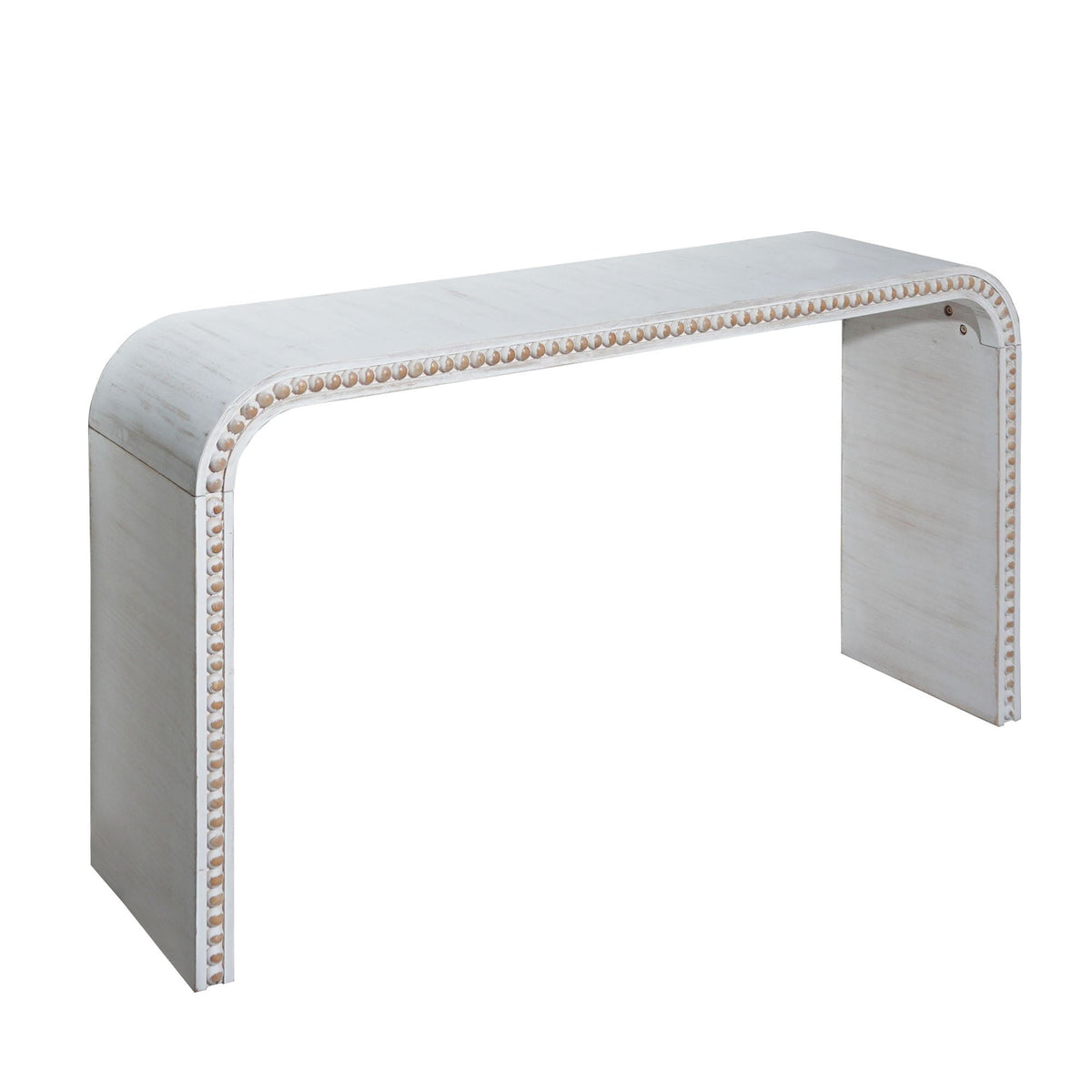 Waterfall console table edge with seamless curved design whitewashed wood and nailhead trim on Tampa Home & Garden Store
