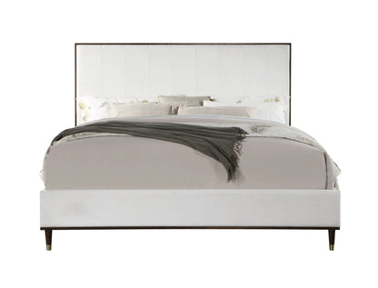 Carena Comfort Bed upholstered bed in light cream fabric with dark wood frame and tapered legs, neutral bedding on Tampa Home & Garden Store