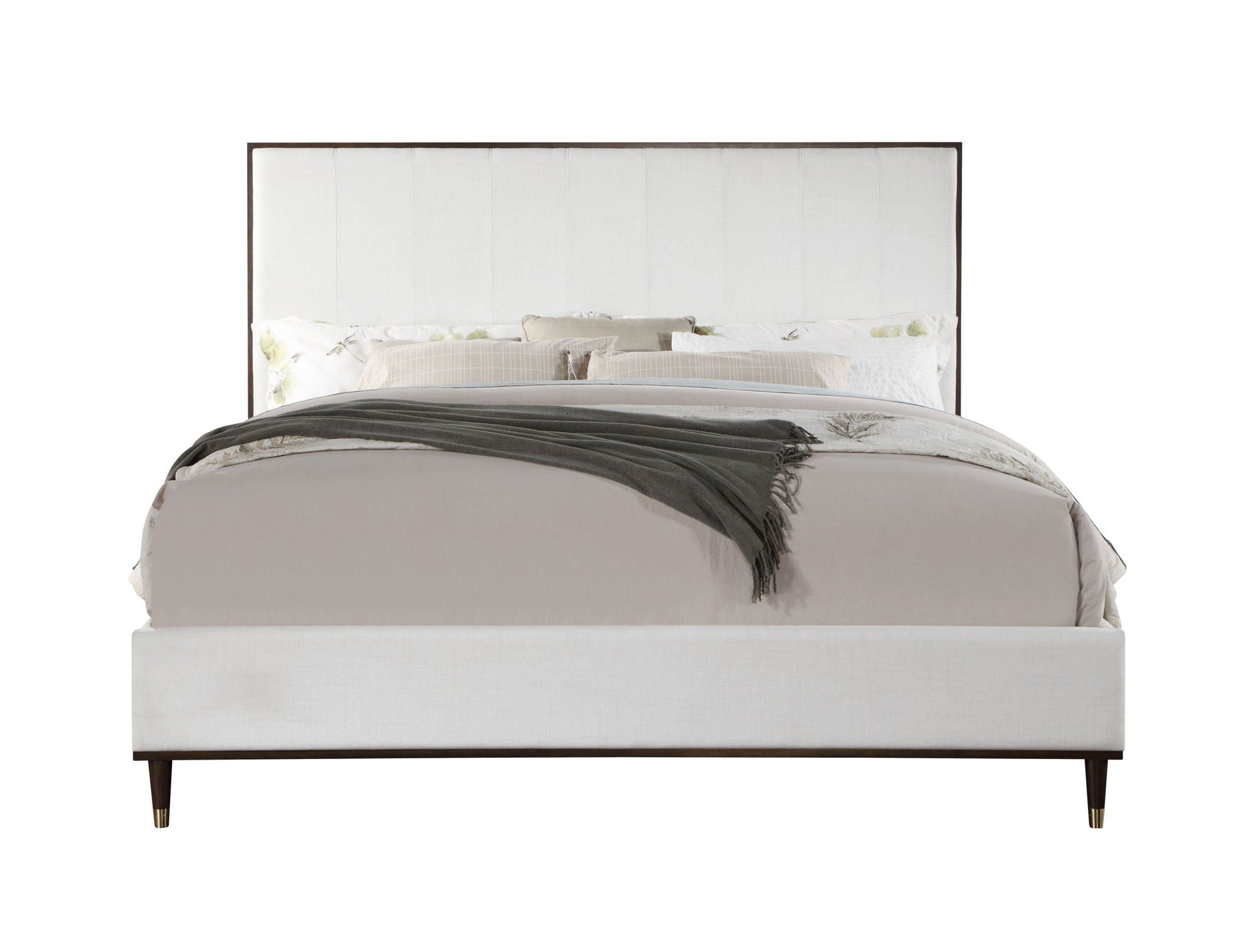 Carena Comfort Bed upholstered ivory headboard with dark wood frame and tapered legs on Tampa Home & Garden Store
