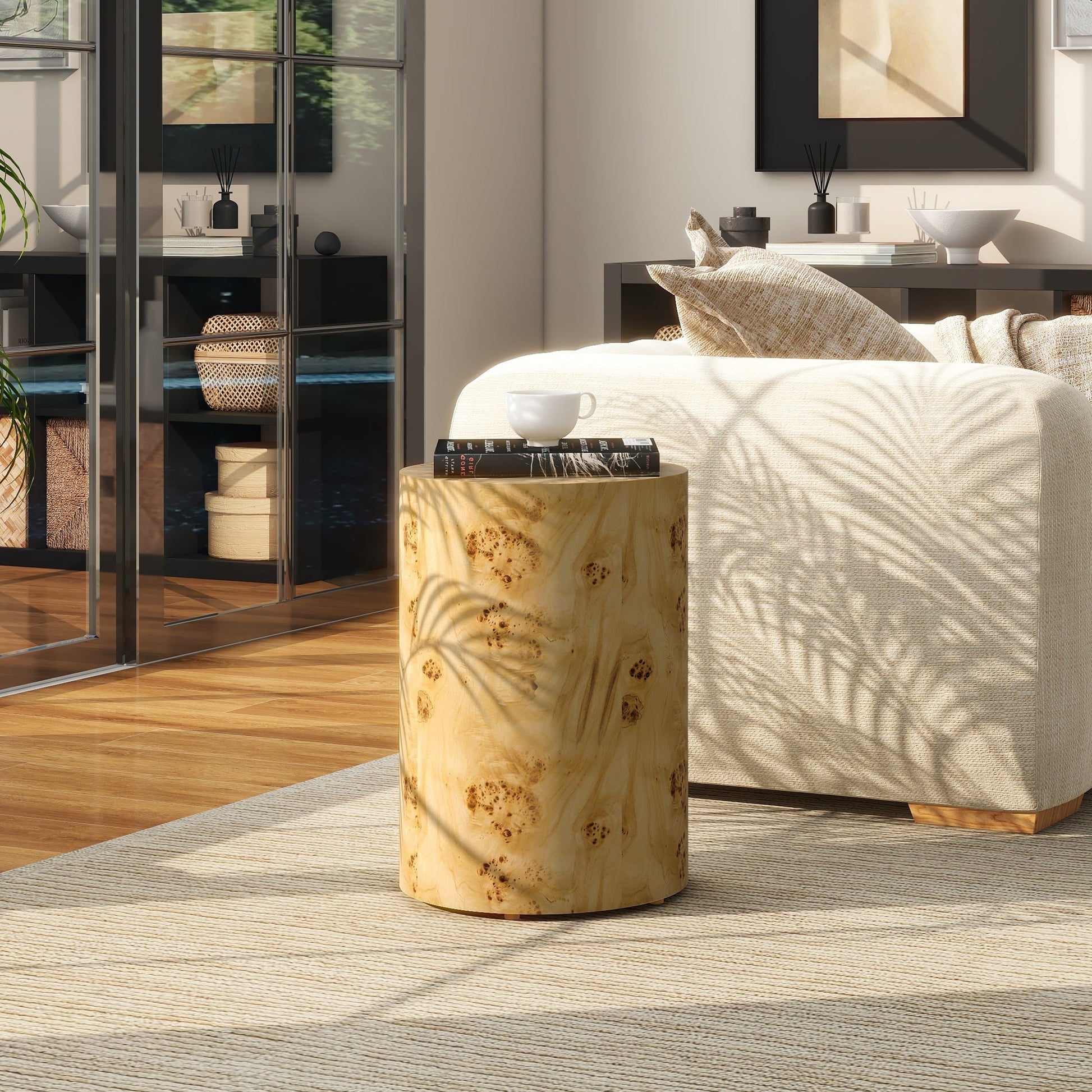 Nebula 22' Accent Pillar Side Table by HouseOfZazla in warm natural brown burl wood on Tampa Home & Garden Store