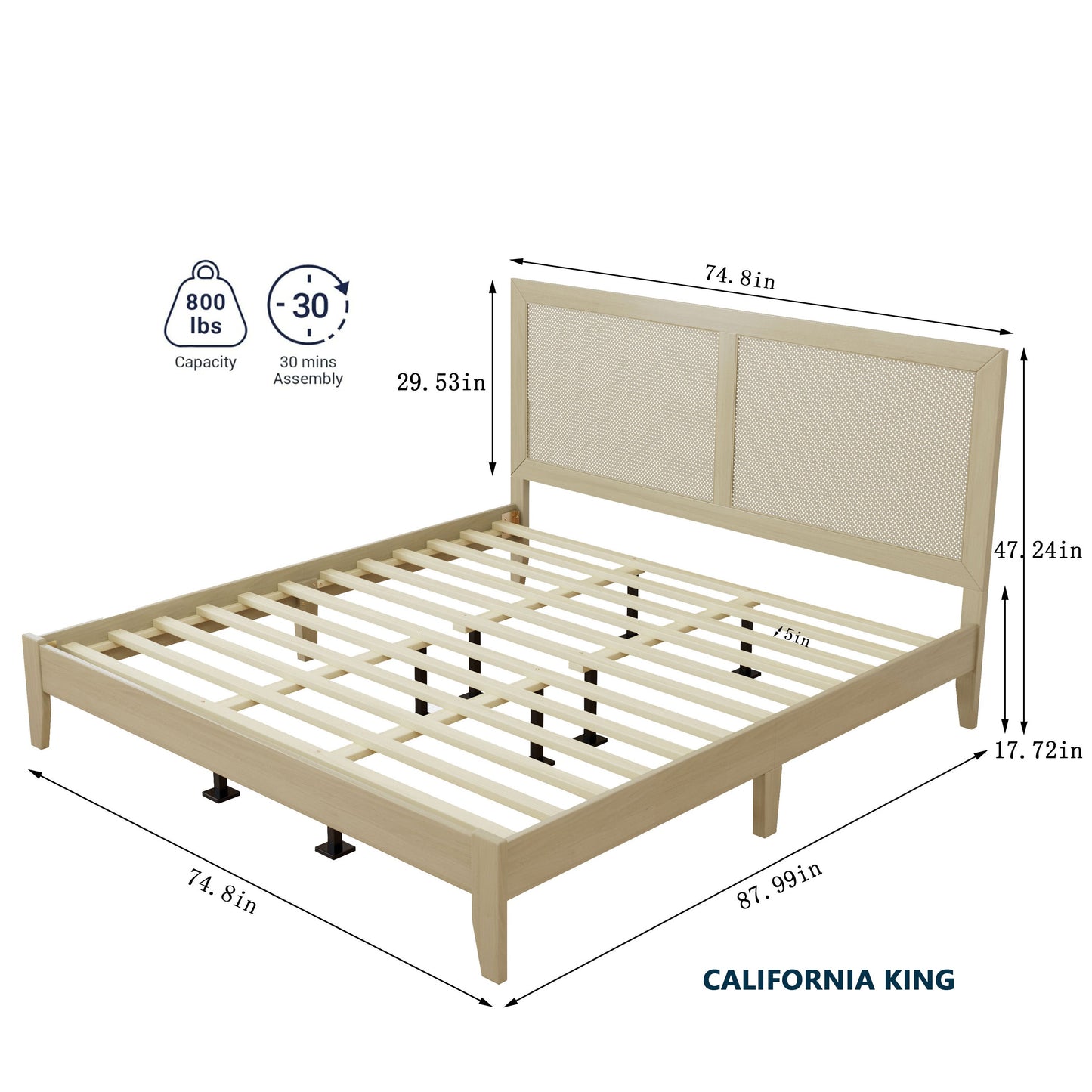 Solid wood California King platform bed with rattan headboard by HouseOfZazla on Tampa Home & Garden Store