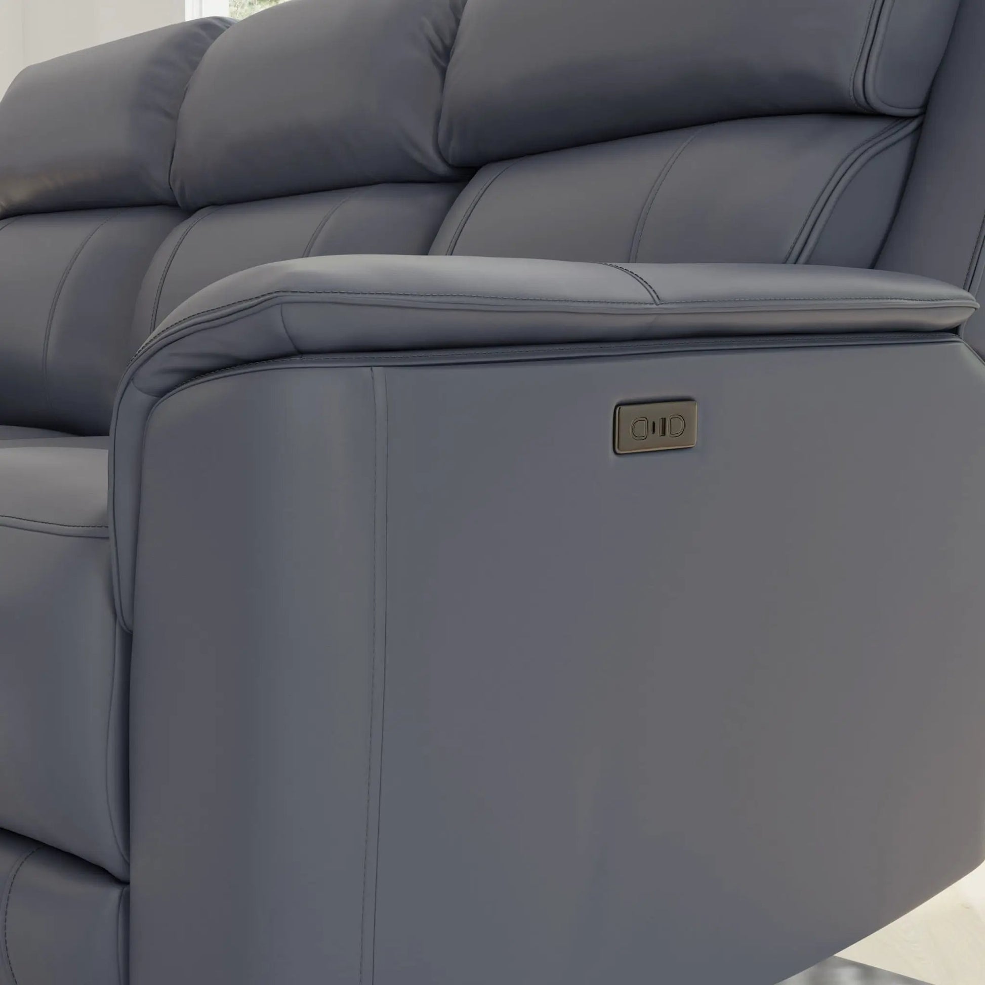 Oslo Dual Power Reclining Sofa by Unique Piece Furniture, blue-gray leather upholstery on Tampa Home & Garden Store