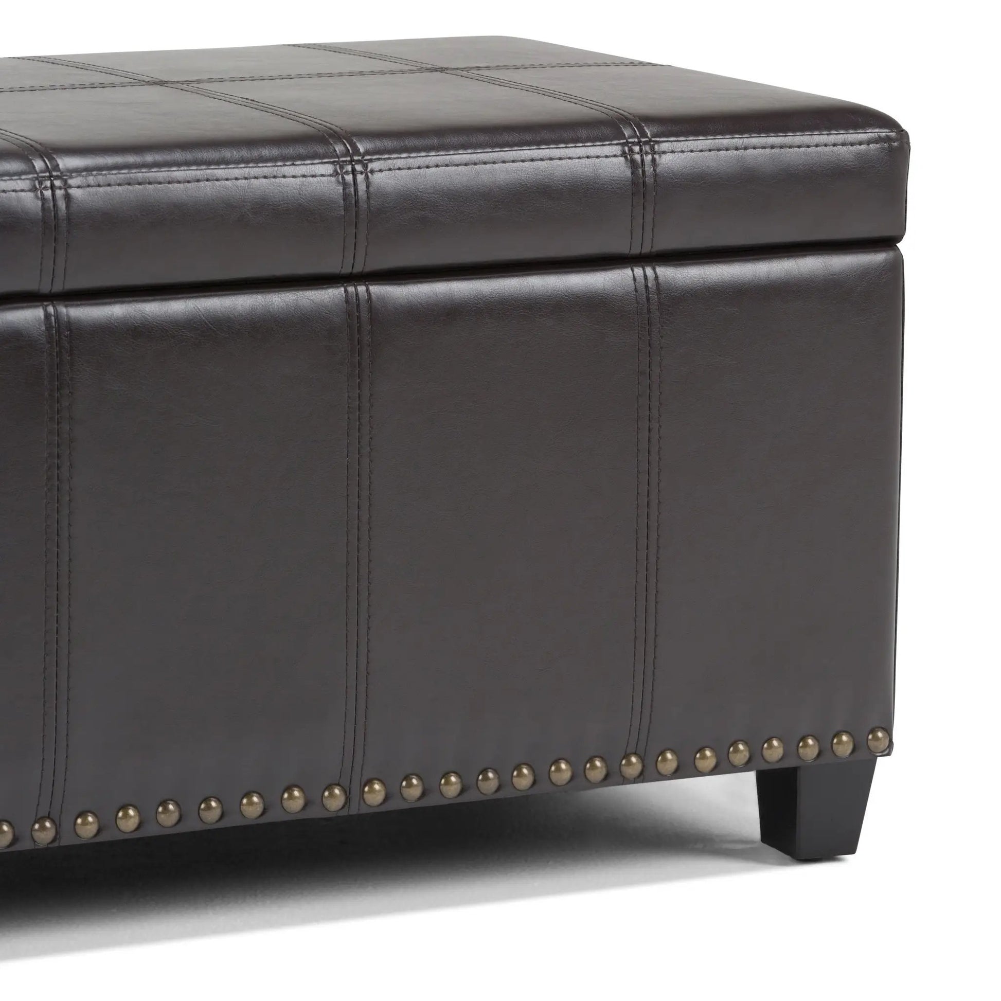 Amelia storage ottoman bench in dark brown leather with grid stitching and nailhead trim on Tampa Home & Garden Store