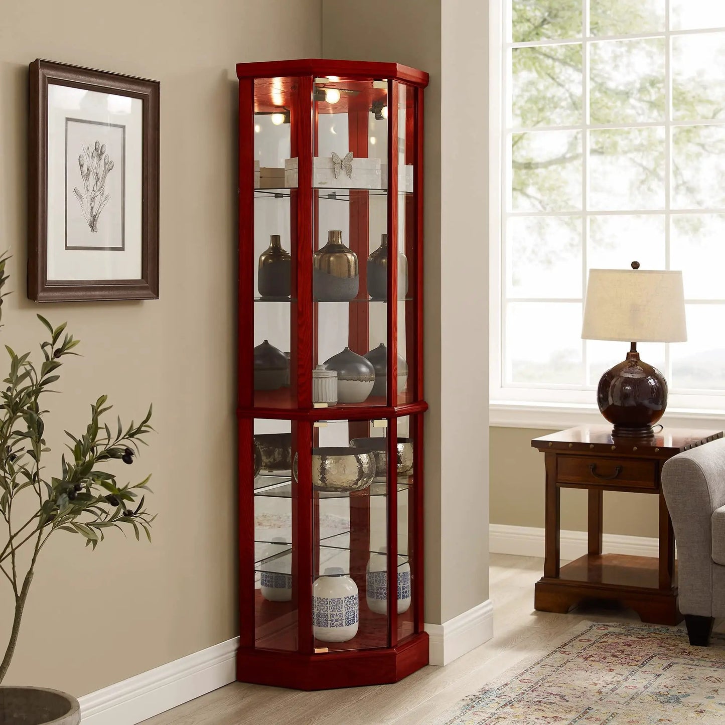 Unique Piece Furniture red 6-shelf corner curio cabinet with tempered glass shelves and mirror on Tampa Home & Garden Store