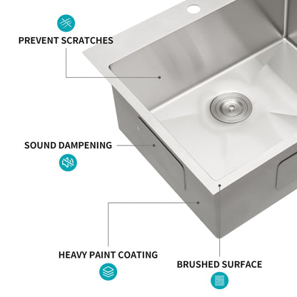 Drop-in kitchen sink 16-gauge stainless steel, brushed finish, single bowl, top-mount on Tampa Home & Garden Store