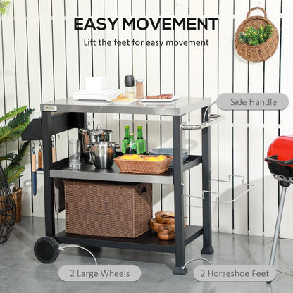 Outsunny three-shelf grill cart with stainless steel top and black frame, 2 large wheels on Tampa Home & Garden Store