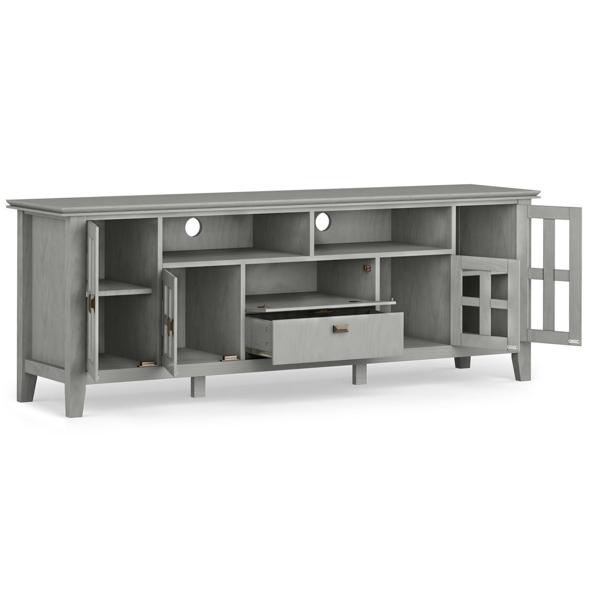 Artisan solid wood TV stand by HouseOfZazla with flip drawer, gray finish and open shelves on Tampa Home & Garden Store