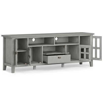 Artisan solid wood TV stand by HouseOfZazla with flip drawer, gray finish and open shelves on Tampa Home & Garden Store