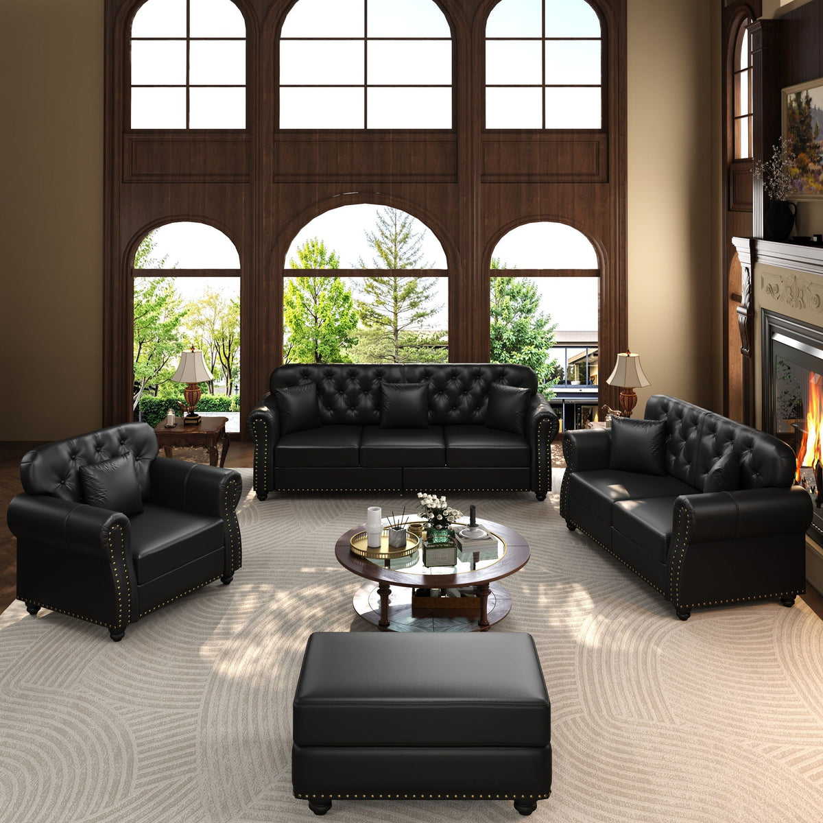 Upholstered Sofa with Nailhead and Ottoman