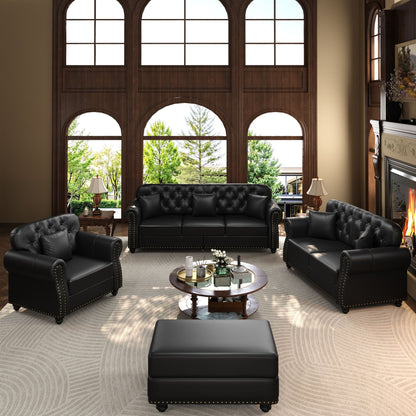 Upholstered Sofa with Nailhead and Ottoman