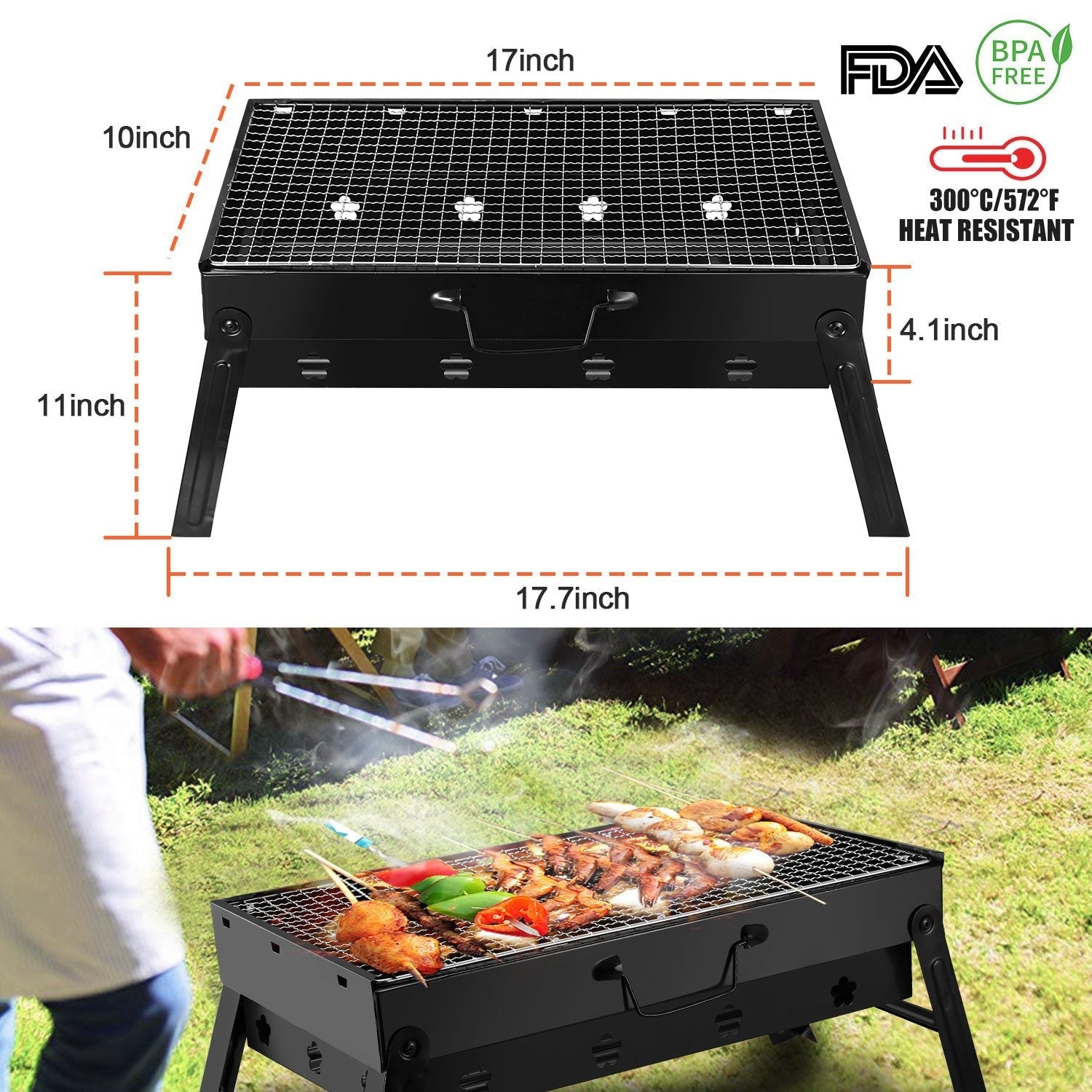GemGear portable foldable charcoal grill with black steel body and folding legs, 17in long on Tampa Home & Garden Store