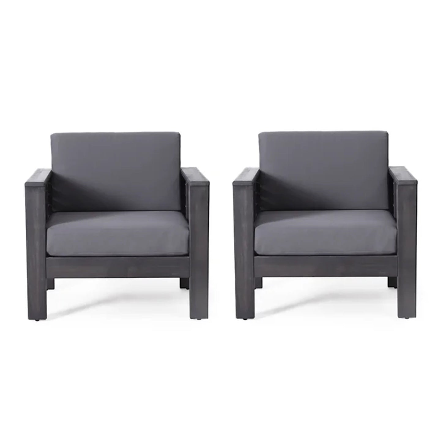 2 Outdoor Acacia Wood Club Chairs with Cushions, Dark Gray, 27.75"D x 32"W x 27.75"H