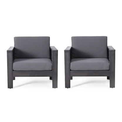 2 Outdoor Acacia Wood Club Chairs with Cushions, Dark Gray, 27.75"D x 32"W x 27.75"H