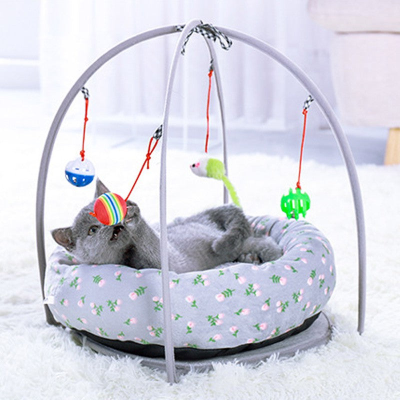 Four seasons universal cat tent nest with gray frame, floral cushion and hanging toys on Tampa Home & Garden Store