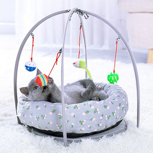 Four seasons universal cat tent nest with gray frame, floral cushion and hanging toys on Tampa Home & Garden Store