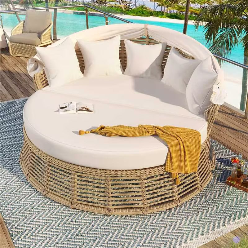 Patio Rattan Round Daybed and Retractable Canopy