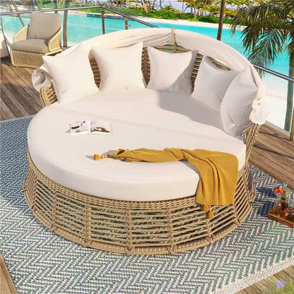 Patio Rattan Round Daybed and Retractable Canopy