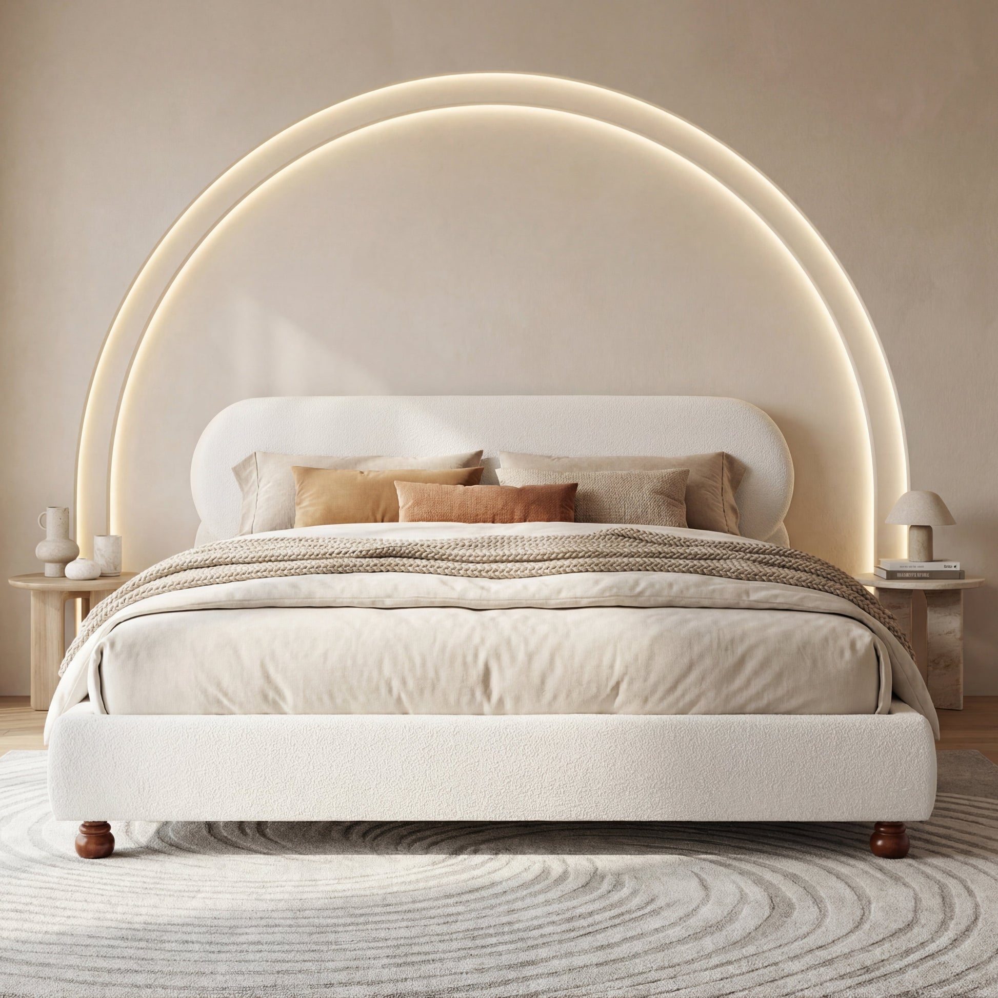 Cream-colored boucle upholstered king bed with rubber wood feet by HouseOfZazla on Tampa Home & Garden Store