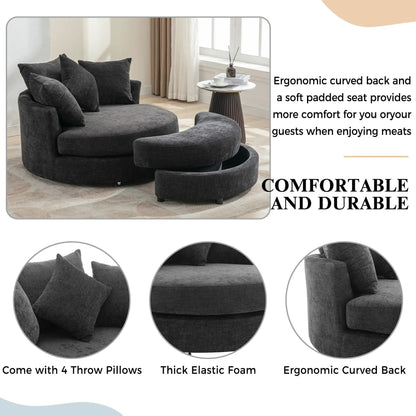 360° swivel accent barrel chair with storage ottoman and 4 pillows, dark charcoal fabric on Tampa Home & Garden Store
