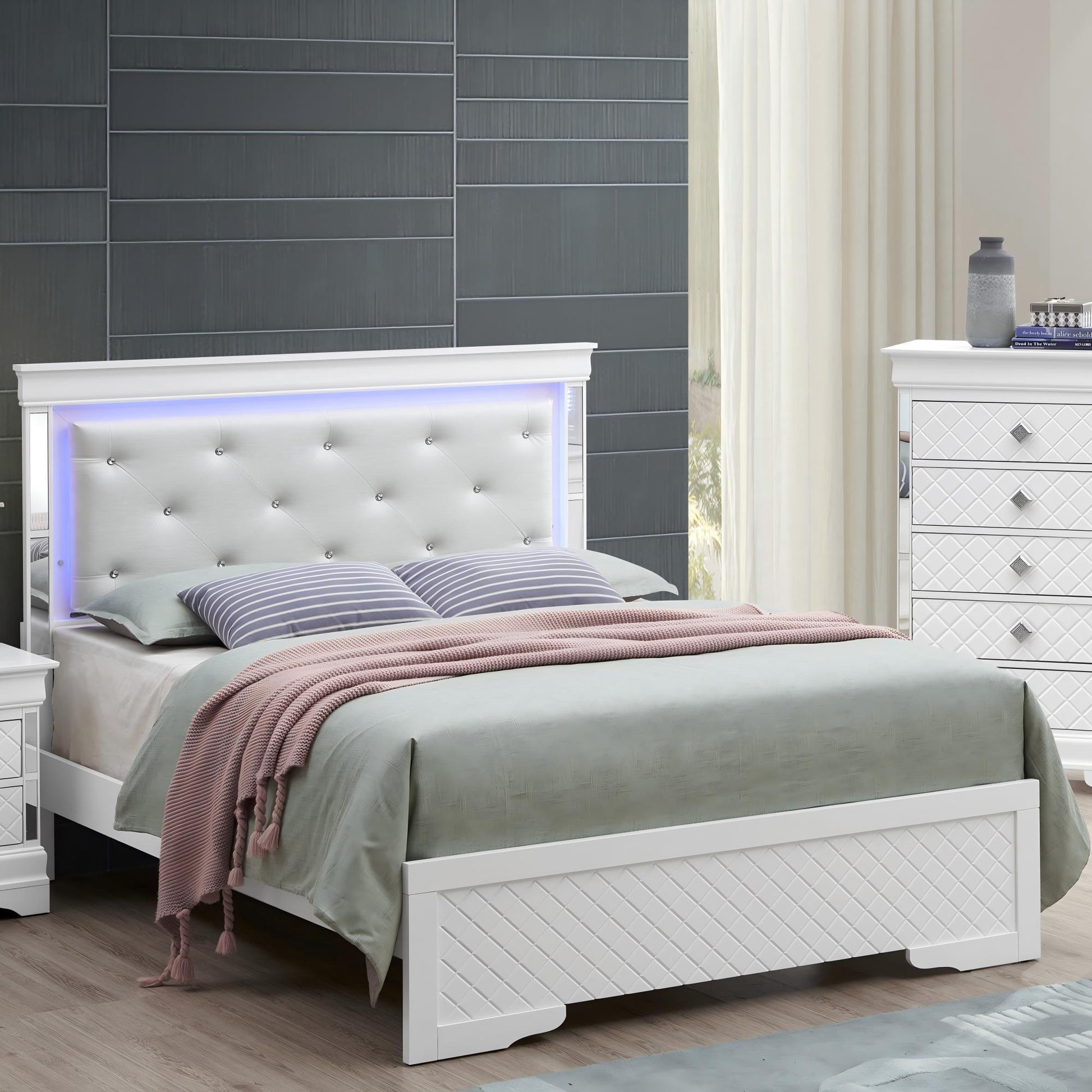 Bed With LED Light Accents Upholstered bed in pale gray with tufted white headboard and LED frame on Tampa Home & Garden Store