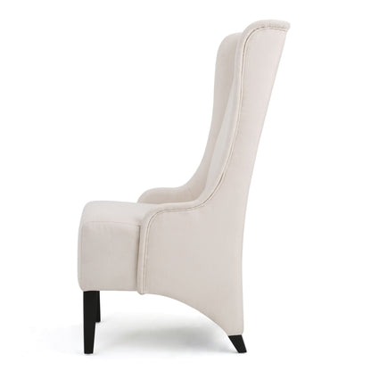 Upholstered dining chair with high back in beige fabric and black legs on Tampa Home & Garden Store
