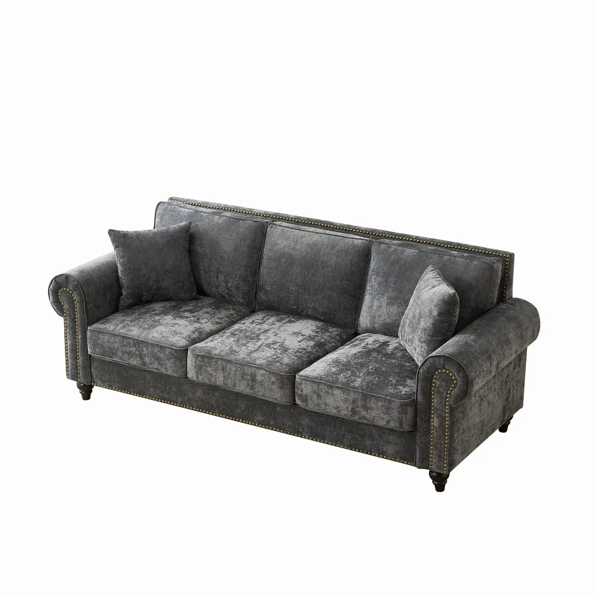 3 Seater sofa Unique Piece with tufted upholstery, rolled arms, nailhead trim in gray on Tampa Home & Garden Store