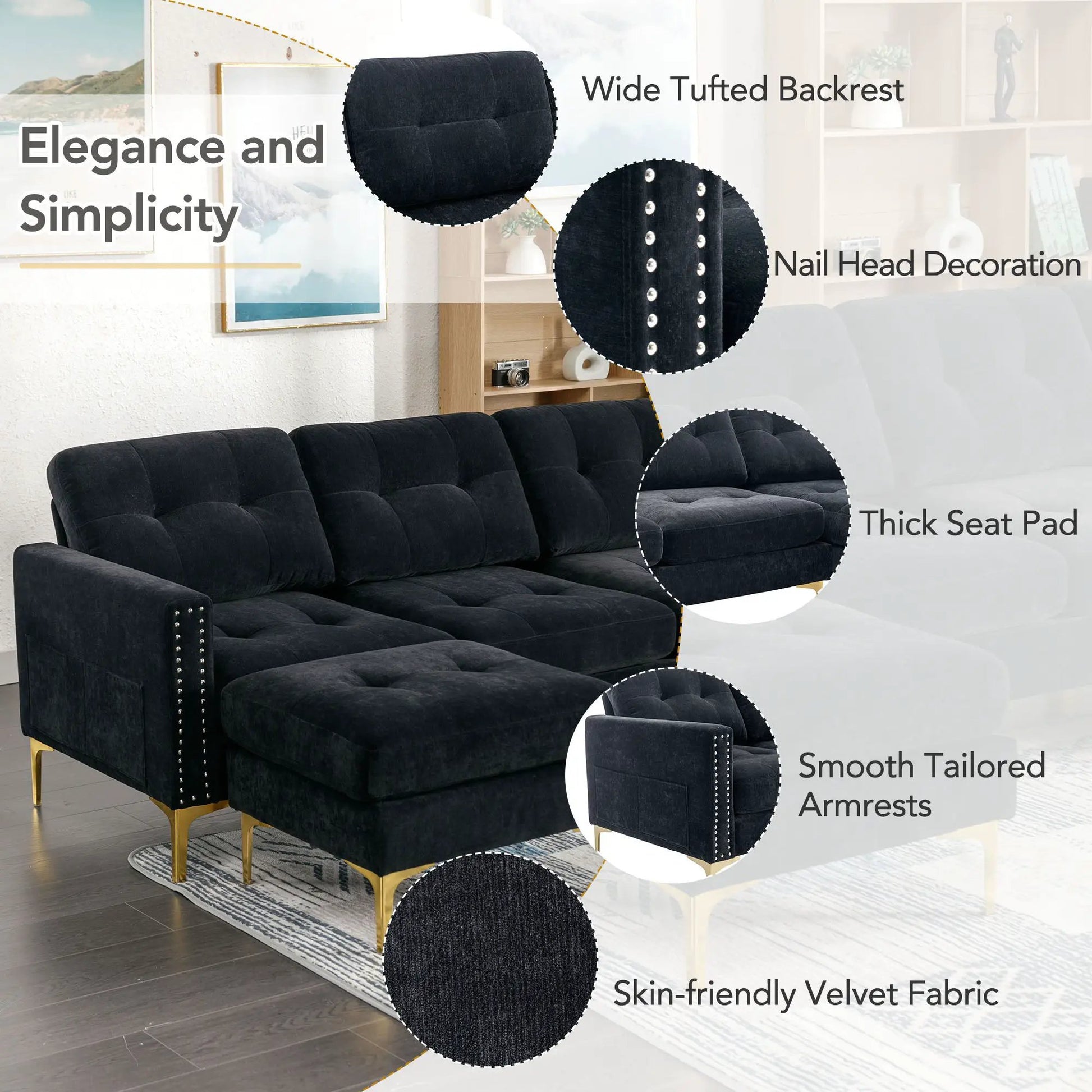 Modern L-shaped convertible sectional sofa 2-piece set with movable ottoman, black velvet on Tampa Home & Garden Store