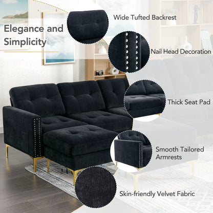Modern L-shaped convertible sectional sofa 2-piece set with movable ottoman, black velvet on Tampa Home & Garden Store