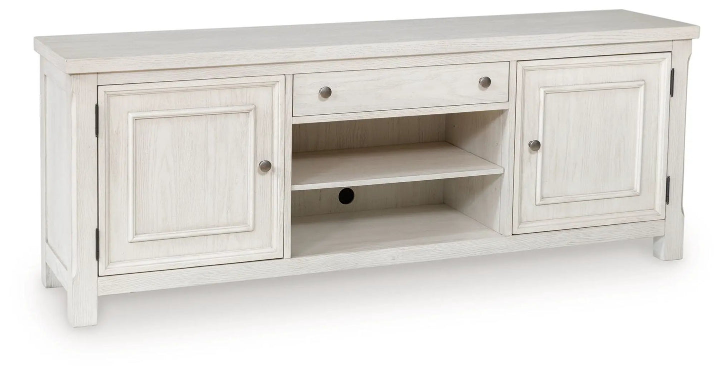 TV stand Robbinsdale antique white by Unique Piece Furniture with 2 cabinets and open shelf on Tampa Home & Garden Store