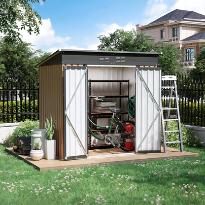6x4 ft metal garden shed by HouseOfZazla with hinge door and pent roof, shelves inside on Tampa Home & Garden Store
