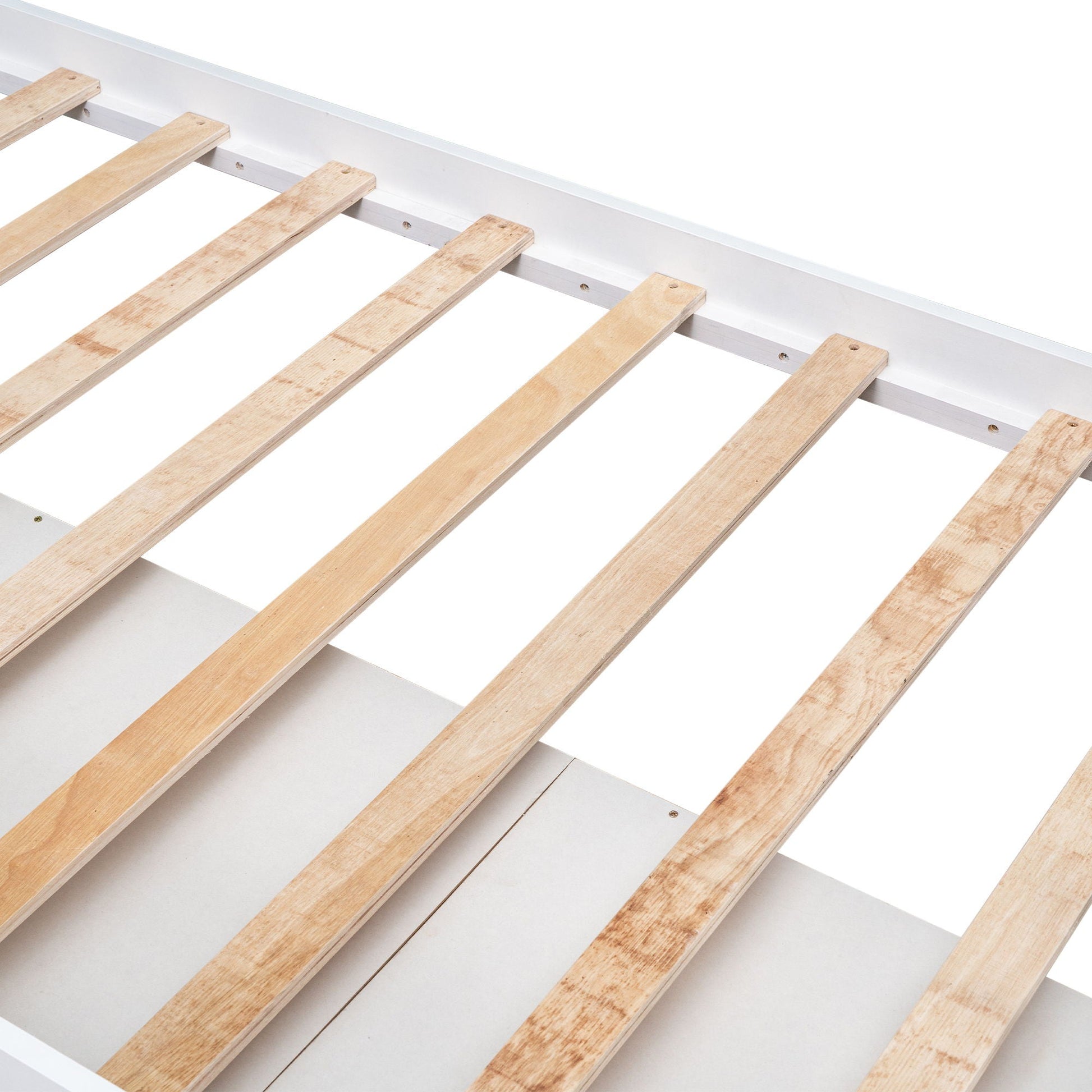 Platform storage bed slat frame in natural wood with white rails on Tampa Home & Garden Store