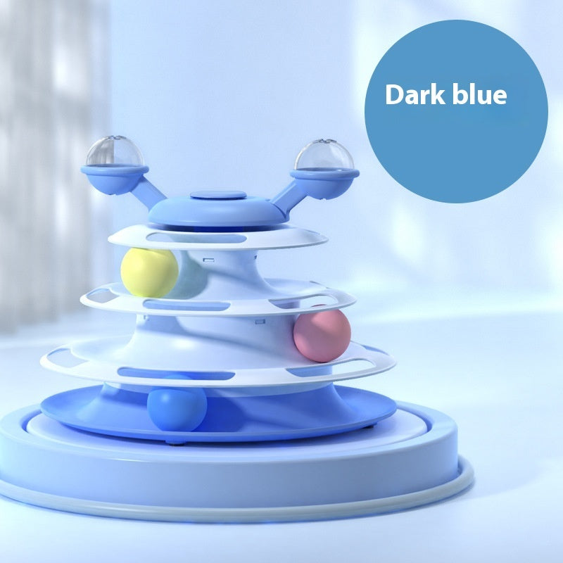 4-level cat toy tower with turntable balls in dark blue and white, interactive puzzle track for pets on Tampa Home & Garden Store