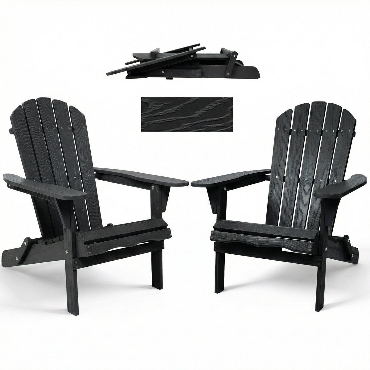 Two folding Adirondack lounge chairs with embossed grain texture in black on Tampa Home & Garden Store