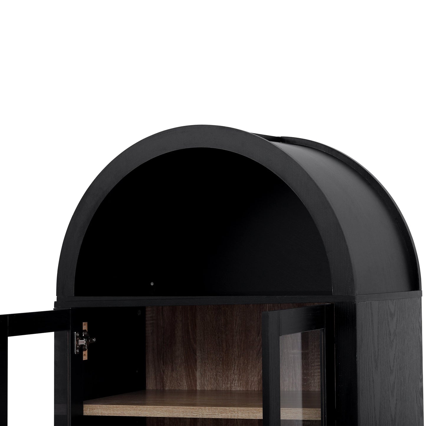 K&K 71in tall arched kitchen pantry cabinet, black finish with warm wood interior shelves on Tampa Home & Garden Store