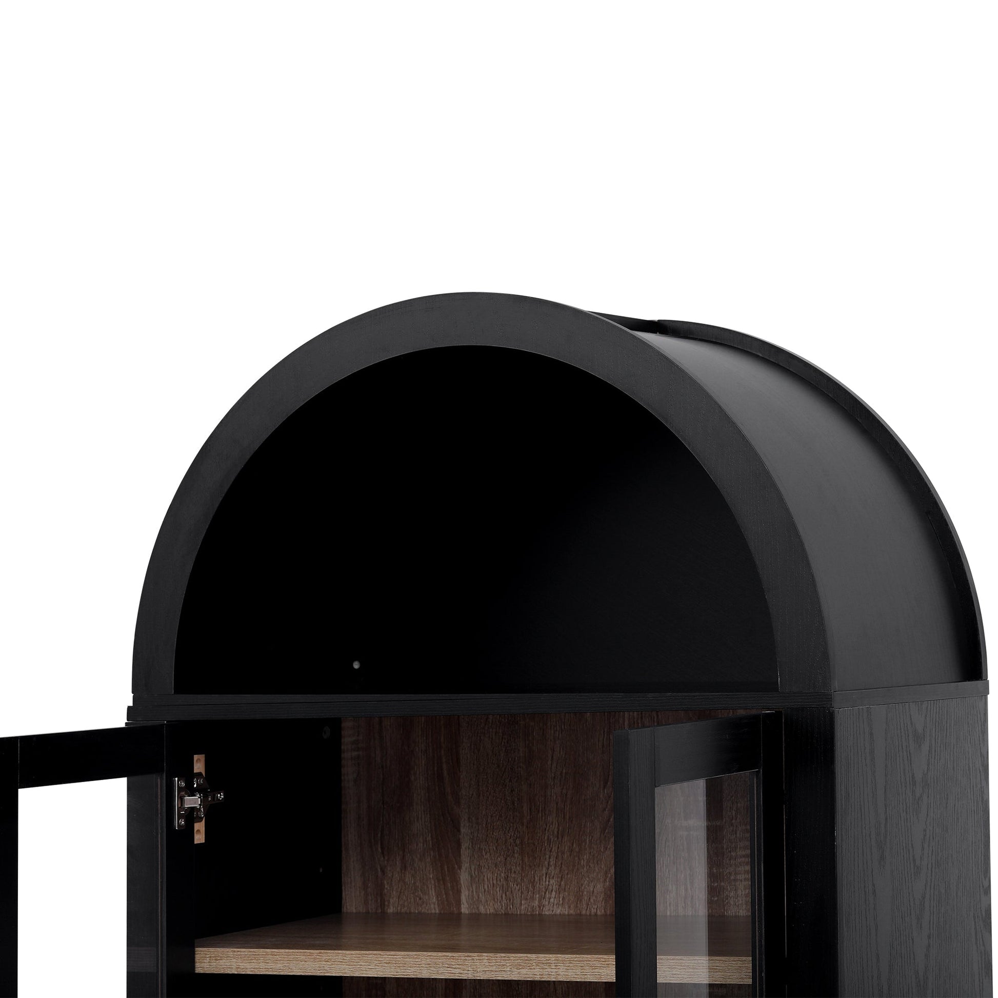 K&K 71in tall arched kitchen pantry cabinet, black finish with warm wood interior shelves on Tampa Home & Garden Store