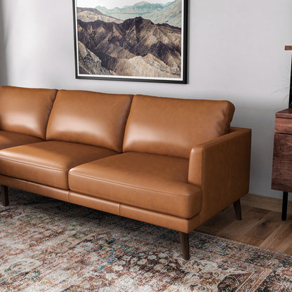 Lore High-Quality L-Shaped Leather Sectional Sofa in tan with dark wood legs on Tampa Home & Garden Store