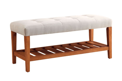 Charla Upholstered Bench beige fabric tufted top with wooden legs by HouseOfZazla on Tampa Home & Garden Store
