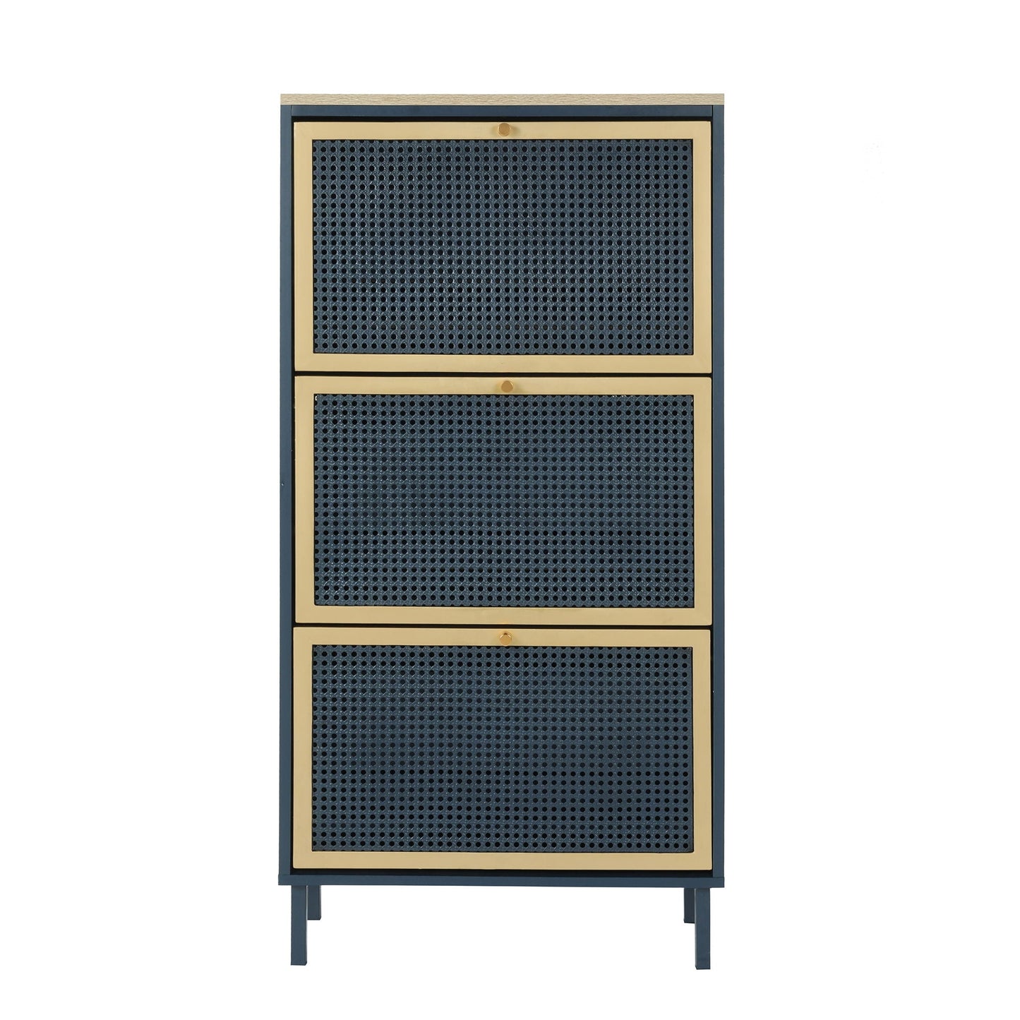 Modern Rattan 3-Door Shoe Cabinet in blue with gold trim and perforated panels by HouseOfZazla on Tampa Home & Garden Store