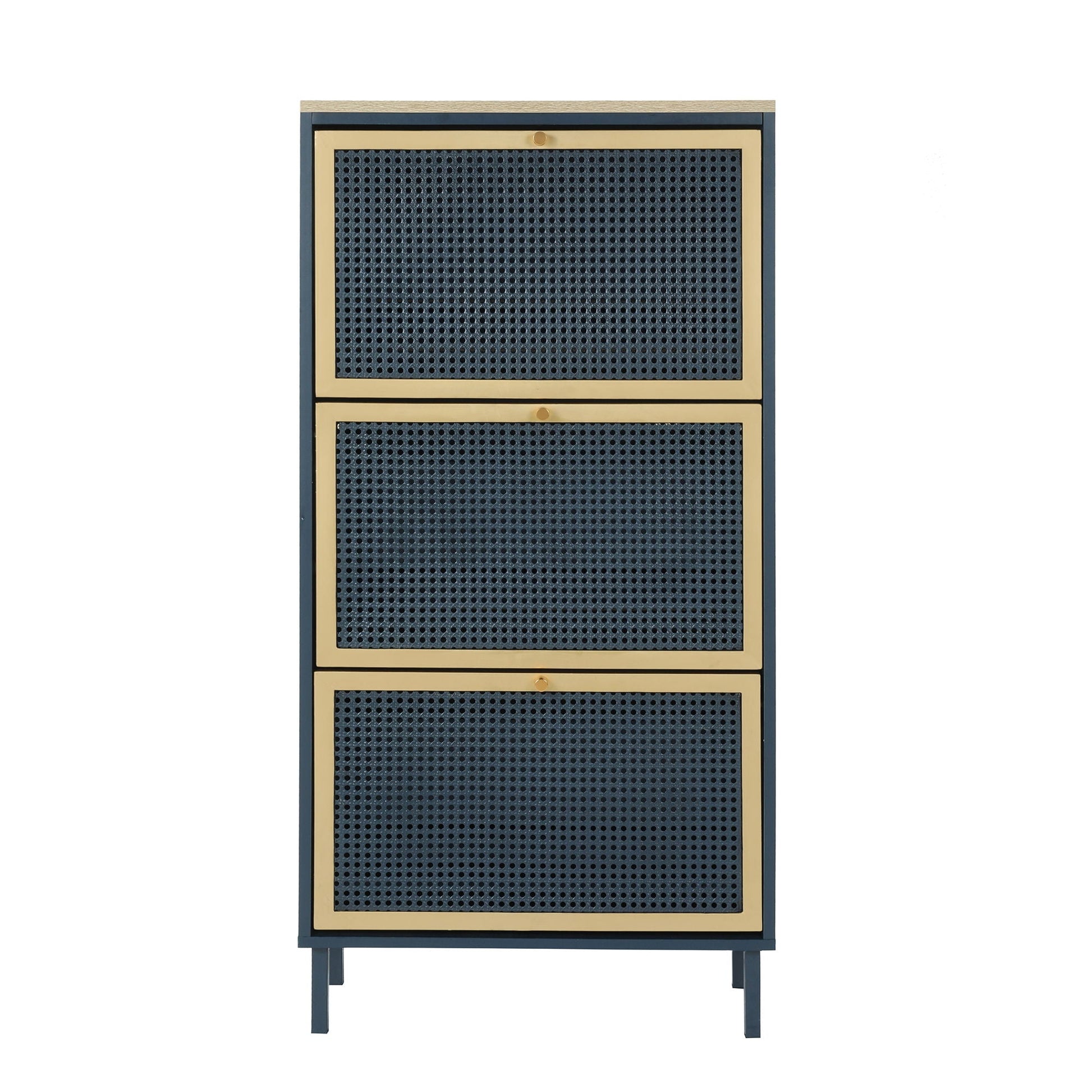 Modern Rattan 3-Door Shoe Cabinet in blue with gold trim and perforated panels by HouseOfZazla on Tampa Home & Garden Store