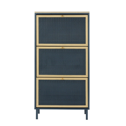 Modern Rattan 3-Door Shoe Cabinet in blue with gold trim and perforated panels by HouseOfZazla on Tampa Home & Garden Store